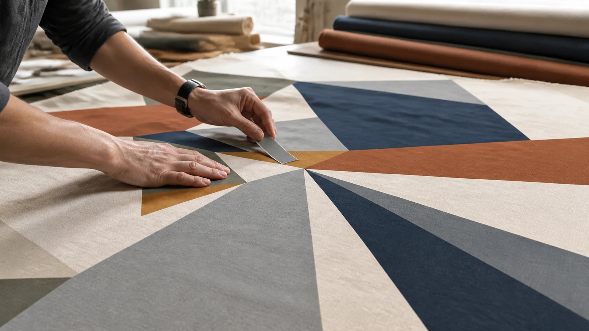 Cloth being examined for colour under inspection light.