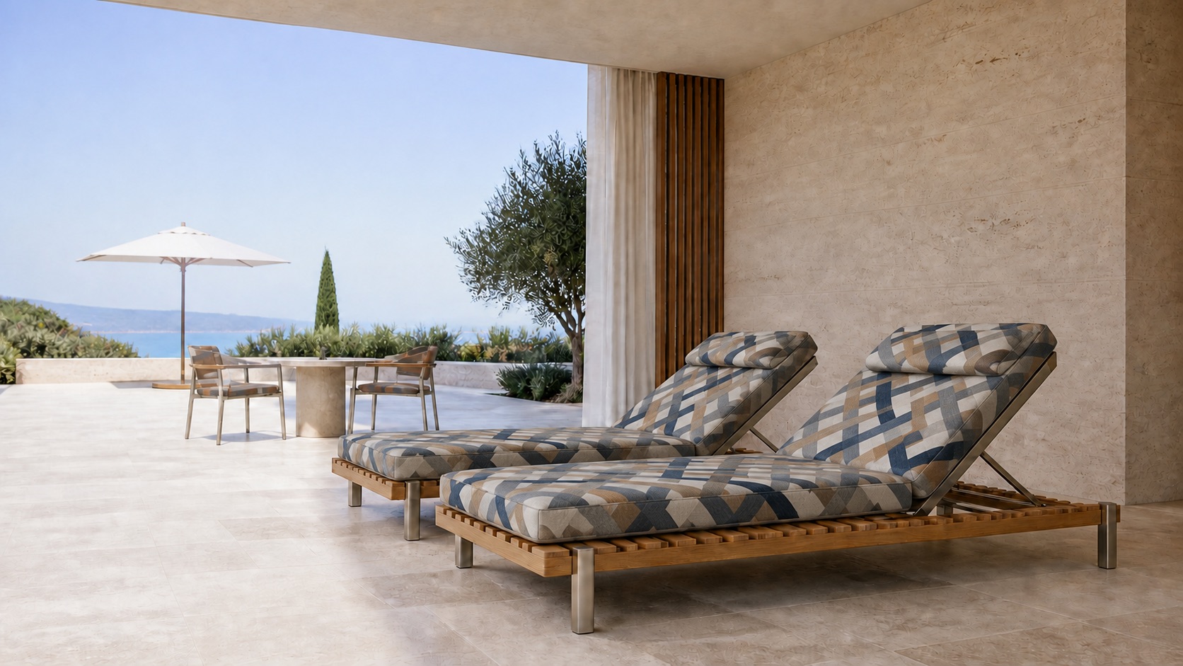 Coastal cabana seating upholstered in the INTRECCIO design.