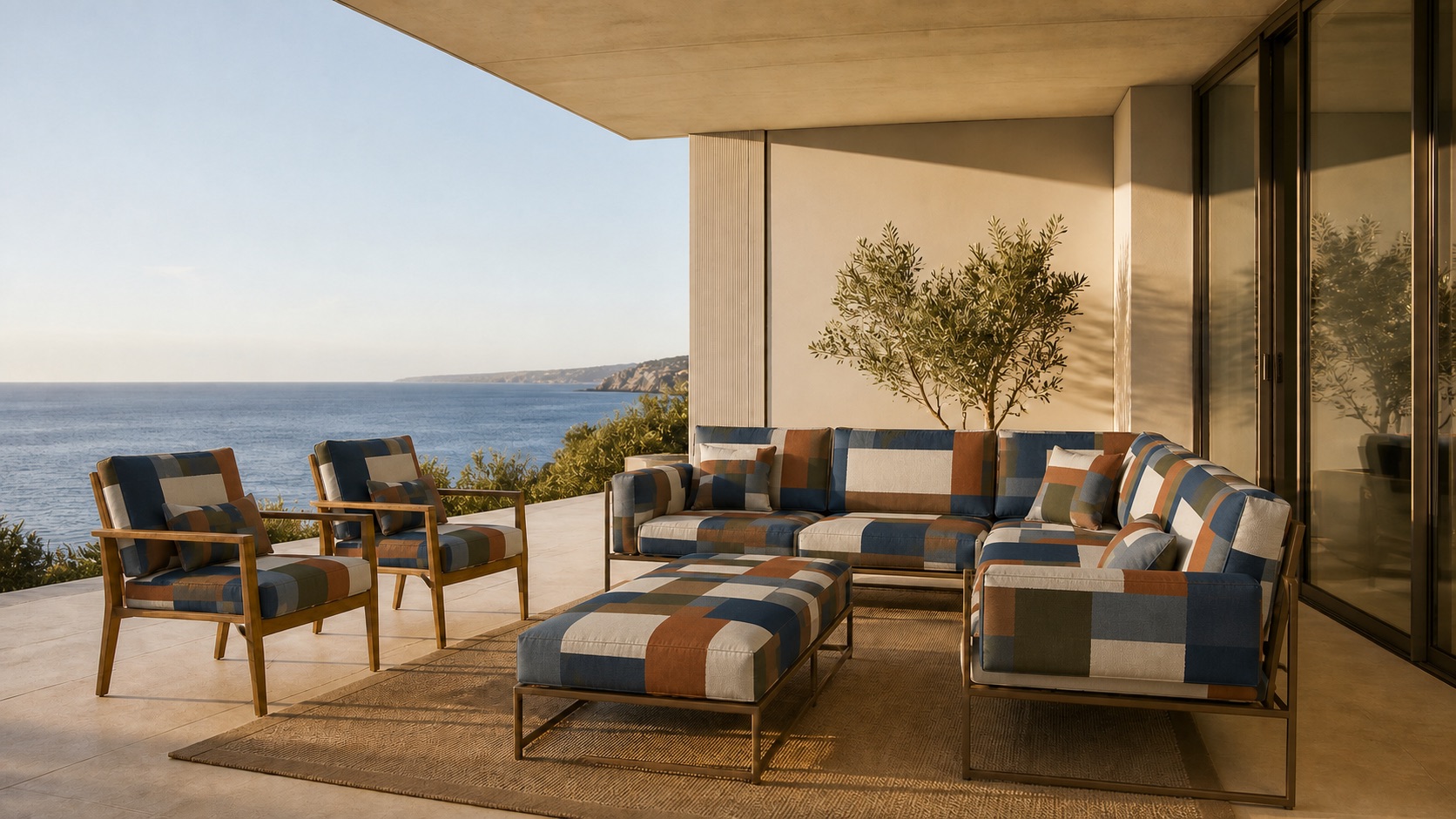 Balcony seating above the coast upholstered in the LOOMSCAPE design.