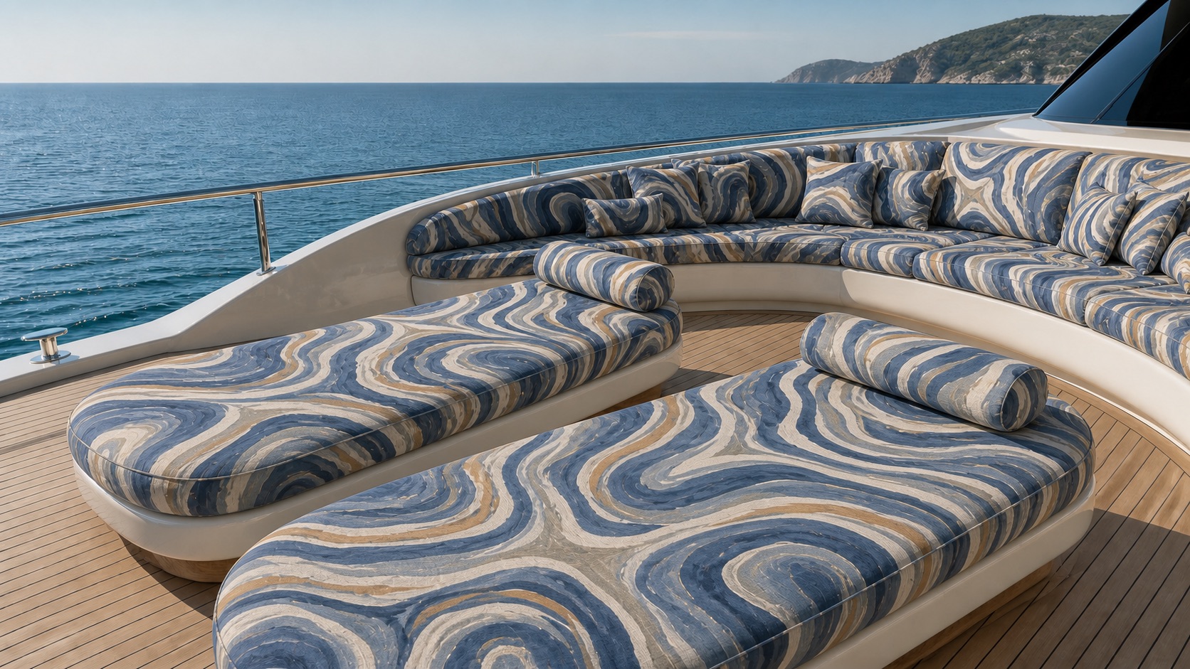 Foredeck seating on a yacht upholstered in the ISOBATA design.