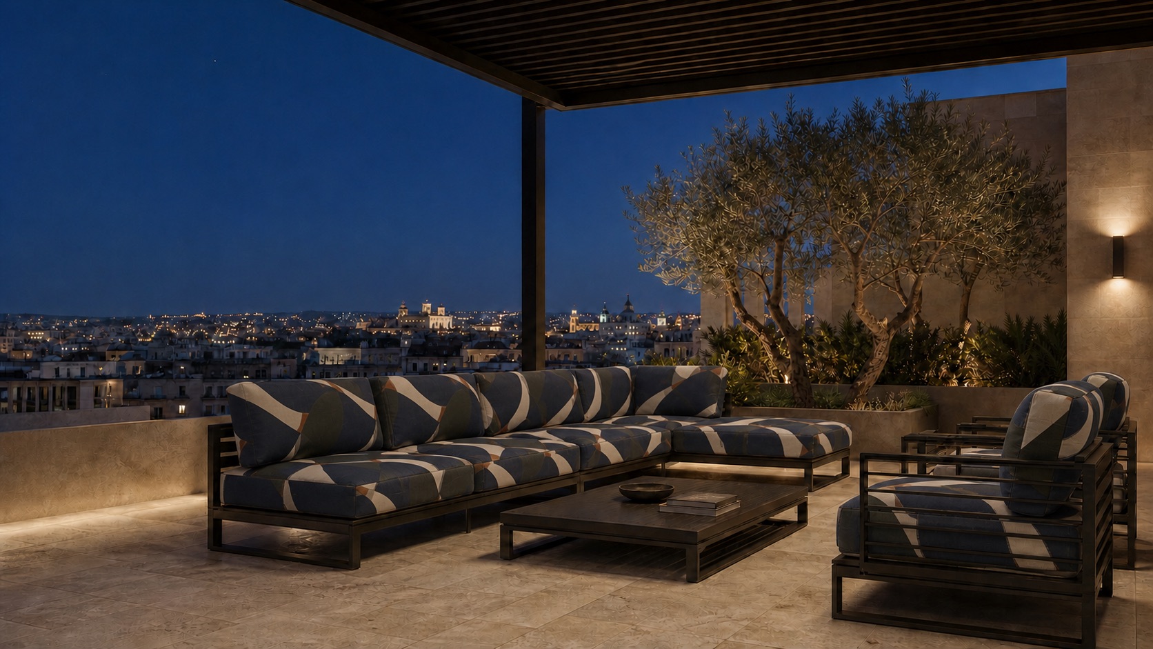 Rooftop outdoor seating upholstered in the VESPERA design at dusk.