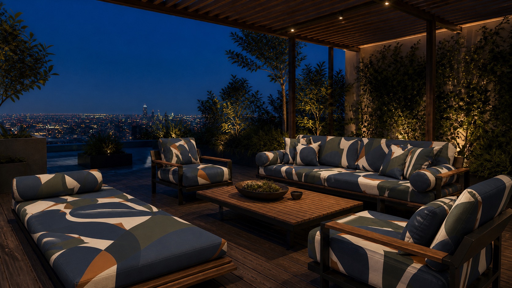 A rooftop terrace after dark with seating in the NOCTURNE GARDEN design.