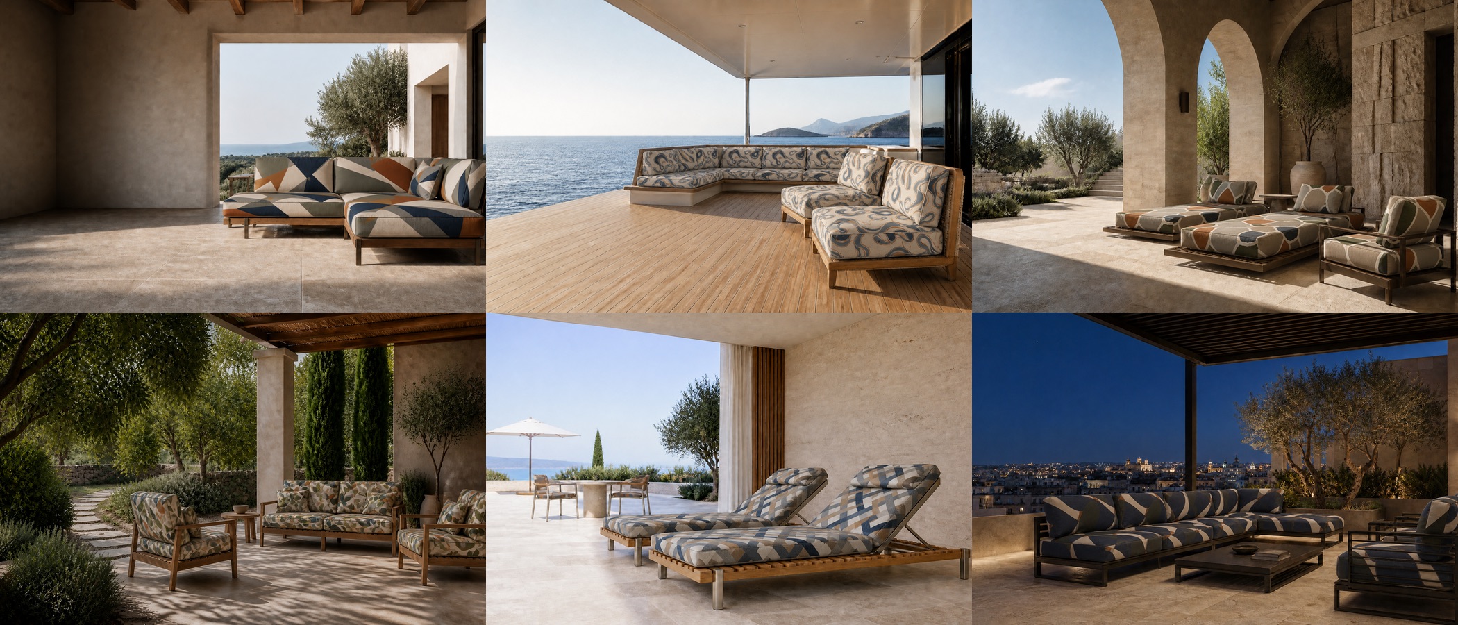 Six outdoor furniture settings showing one textile application from each MARE NATURA chapter: terrace, yacht, resort, garden, cabana and rooftop.