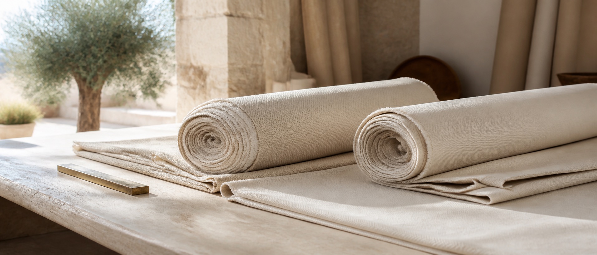 Two rolls of unprinted natural cotton furnishing fabric, one heavier basket weave and one finer diagonal twill, on a limestone cutting table.
