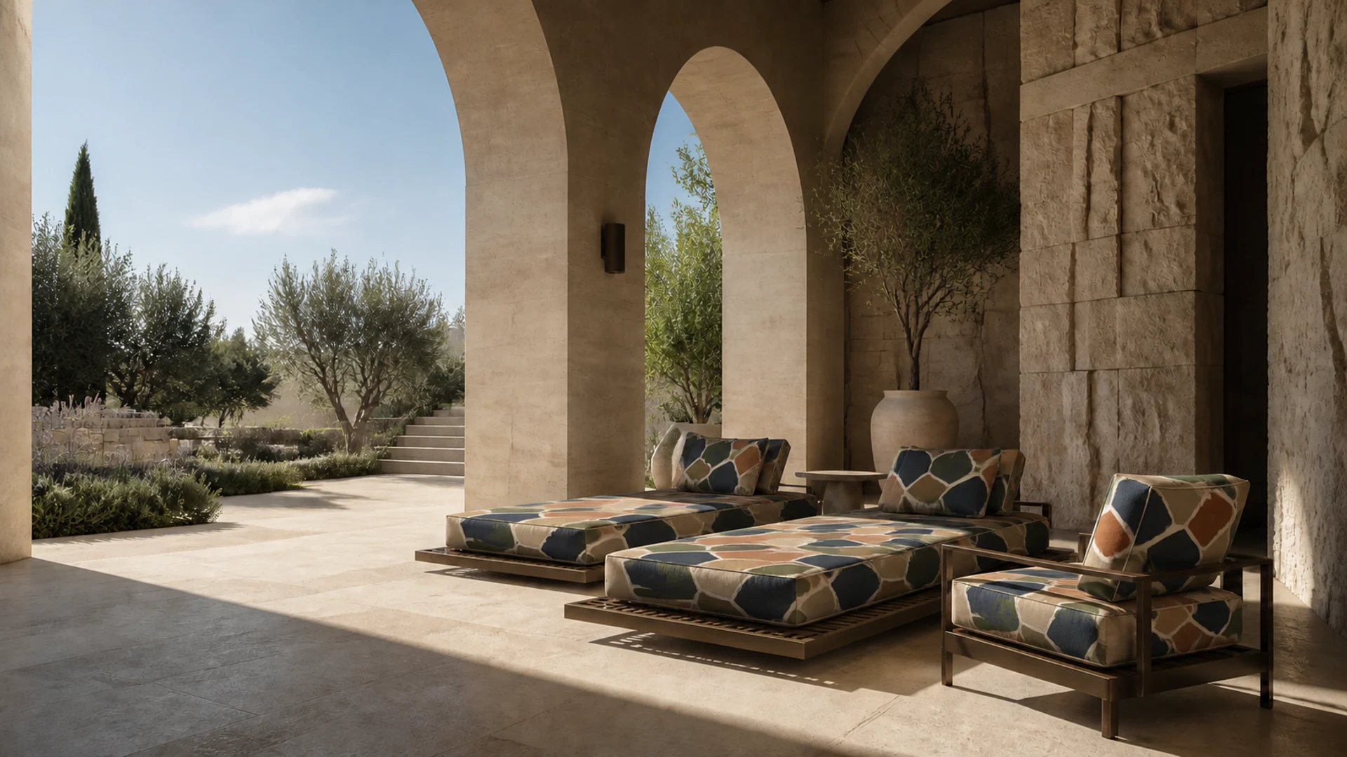 Editorial image: Quiet resort, cabana, lounger, outdoor seating group.