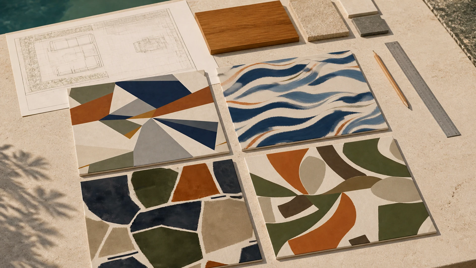 A specification table laid out with fabric samples and project drawings.